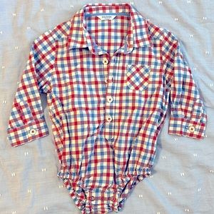 Baby Boden long sleeve red white and blue checked button down onesie. 6-12 M